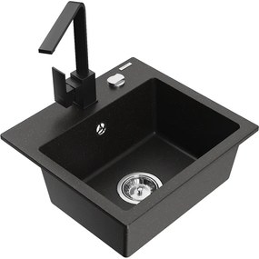 Mexen Milo, 1-komorový granitový drez 435x410x171 mm a čierna batéria Rita, čierna-zlatá metalíza, 6505-75-670300-70
