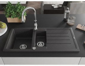 Mexen Andres, 1,5-komorový granitový drez 1000x500x200 mm a drezová batéria Savita, čierna škvrtnitá, 6515-76-672601-00