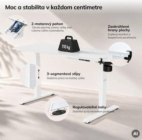 Elektrický stôl s nastaviteľnou výškou ergonomický biely,1600x800 mm: ARIA