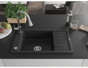 Mexen Elias, 1-komorový granitový drez 795x480x200 mm a drezová batéria Elia, čierna-strieborná metalíza, 6511-73-670101-00