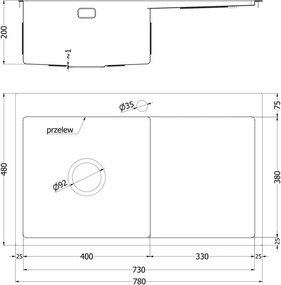 Mexen Exar oceľový kuchynský drez s 1 komorou a odkvapkávačom, pravý 780 x 480 mm, inox - 6434781010P-01