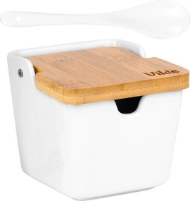 VILDE 2. akosť - Hranatá keramická cukornička /soľnička s bambusovým viečkom a lyžičkou, 250ml VILDE, biela