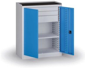 Policová dielenská skriňa 2-dverová, 1 police + 3 zásuvky, 1180 × 950 × 500 mm, modré dvere