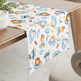 Biante Detský bavlnený behúň na stôl Sandra SA-693 Africké zvieratká na modrých obláčikoch na bielom 20x160 cm