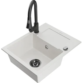 Mexen Enzo, 1-komorový granitový drez 576x465x174 mm a drezová batéria Elia, biela, 6506-20-670101-70