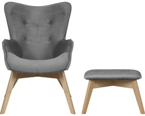 Sivé zamatové kreslo s podnožkou Niko – Ropez