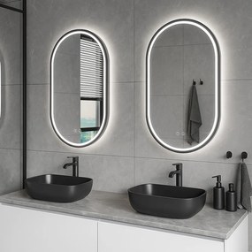 Erga Gwen, oválne LED zrkadlo 60x90cm v čiernom kovovom ráme, 3 farby svetla, predné osvetlenie, vyhrievacia podložka proti zapareniu, ERG-V01-GWEN-6090-BK