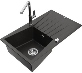 Mexen Cesar, 1-komorový granitový drez 775x470x190 mm a drezová batéria Flora, čierna-zlatá metalíza, 6514-75-670401-00