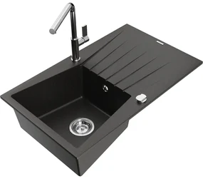 Mexen Cesar, 1-komorový granitový drez 775x470x190 mm a drezová batéria Flora, čierna-zlatá metalíza, 6514-75-670401-00