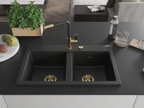 Mexen Hektor, 2-komorový granitový drez 800x480x205 mm, čierna-strieborná metalíza, zlatý sifón, 6521802000-73-G