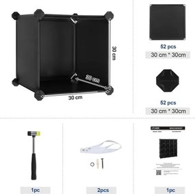 Úložný policový systém v tvare 16 kociek, stojan na topánky, stohovateľné kocky, čierna