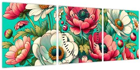 Obraz - Kvety na modrom pozadí (s hodinami) (90x30 cm)