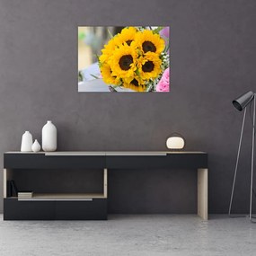 Sklenený obraz svadobnej kytice zo slnečníc (70x50 cm)