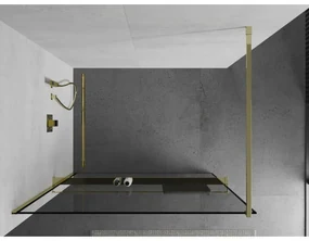 Mexen Kioto+, sprchová zástena s poličkou a držiakom na uteráky 80 x 200 cm, 8mm číre sklo vzor čierny rám, zlatý profil, 800-080-121-50-70