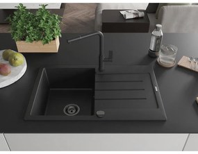 Mexen Bruno, 1-komorový granitový drez 795x495x200 mm a drezová batéria Flora, čierna, 6513-77-670401-70-B