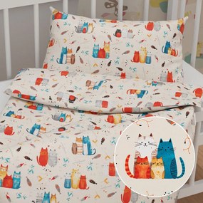 Biante Detské bavlnené posteľné obliečky do postieľky Sandra SA-655 Mačací svet modro-červený na krémovom Do postieľky 90x120 a 40x60 cm