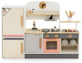 Detská kuchynka z dreva s odsávačom pár, chladničkou, vodovodným kohútikom a kuchynským náradím