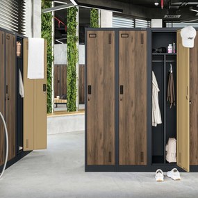 Kovová šatňová dvojmodulová skriňa na sokli s policou KACPER, 800 x 1800 x 500 mm, Eco Design: antracitová/ orech