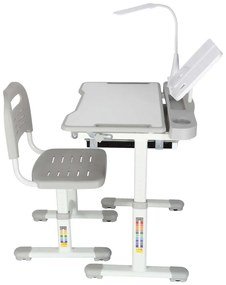 Detský písací stôl so zásuvkou stolička lampa šedá