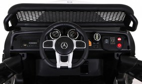 Ramiz Mercedes Benz Unimog elektrické autíčko pre deti biele + pohon 4x4 + diaľkové ovládanie + nosič batožiny + pomalý štart + MP3 + LED