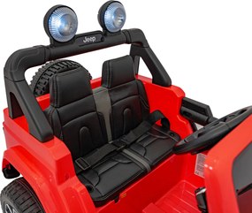 Ramiz Jeep Wrangler Rubicon na batérie pre deti červený + diaľkové ovládanie + rádio MP3 LED + kolesá EVA