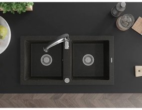 Mexen Mario, granitový drez 820x436x161 mm, 2-komorový a drezová batéria Aster, čierna-zlatá metalíza, 6504-75-73450-07