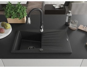 Mexen Cesar, 1-komorový granitový drez 775x470x190 mm a drezová batéria Savita, čierna-strieborná metalíza, 6514-73-672601-70-B