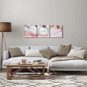 Obraz ružových kvetov s ružovým mramorom (s hodinami) (90x30 cm)