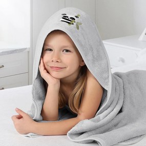 Goldea detská froté osuška s kapucňou - panda na svetlo sivej 100 x 100 cm