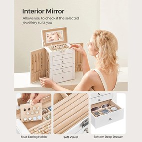 Šperkovnica 6-poschodová so zásuvkami, zrkadlom, uzamykateľná, biela krémová