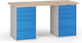 Dielenský pracovný stôl G7, buková škárovka, 1700 x 685 x 840 mm, 2x kontajner, 10 zásuviek, modrá