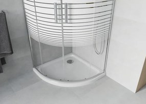 Mexen Rio, štvrťkruhový sprchovací kút s posuvnými dverami 90 x 90 cm, 6mm číre sklo-pásiky, chrómový profil + biela sprchová vanička, 863-090-090-01-20-4110