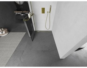 Mexen Kioto+, sprchová zástena Walk-In s poličkou a vešiakom 70 x 200 cm, 8mm číre sklo čierny vzor, zlatý matný profil, 800-070-121-55-77