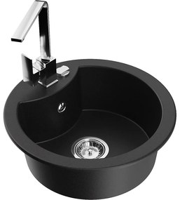 Mexen Diego, 1-komorový granitový drez 488x488x167 mm, chrómový sifón, chrómová batéria Rita, čierna, 6512-77-670300-00