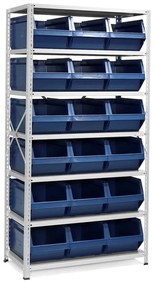 Regál POWER s 18 modrými plastovými boxami série 9000, 1970x1000x500 mm