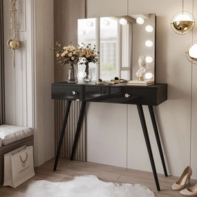 Toaletný stolík JOANNA so zrkadlom + led osvetlenie, čierny lesk + čierna