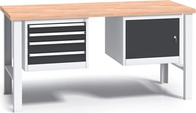 Pracovný stôl do dielne G3 so závesným boxom a skrinkou na náradie, buková škárovka, 4 zásuvky, pevné kovové nohy, 1700 mm, grafit