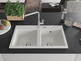 Mexen Hektor granitový drez 2-komorový 800 x 480 mm, biely, chróm sifón - 6521802000-20