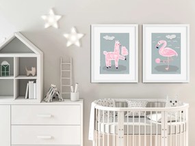 Séria 2 rámovaných obrazov pre deti – Ružové zvieratká - šedá – 40X50 cm