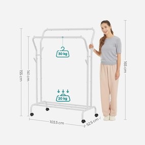 Stojan na šaty, dvojitá tyč, kovový, s policou, biely