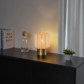 Japandi stolná lampa zlatá s béžovým tienidlom - Pluni