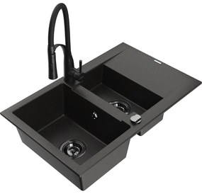 Mexen Gaspar, 1,5-komorový granitový drez 737x475x177 mm a drezová batéria Aster, čierna-zlatá metalíza, 6507-75-73450-70-B