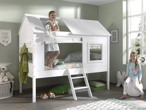 Vyvýšená postel domček z masívu a MDF biela so závesmi a roštom 185cm 90x200cm