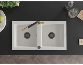 Mexen Mario, 2-komorový granitový drez 820x436x161 mm a drezová batéria Flora, biela, 6504-20-670401-57-B