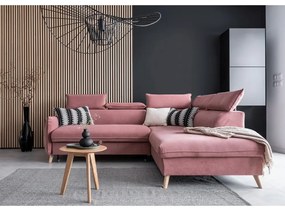 Svetloružová zamatová rozkladacia rohová pohovka (pravý roh) Sweet Harmony – Miuform