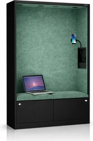 Kancelárska akustická kabína so sedadlom a portom USB-C, telo v čierny farbe / sedadlo v zelenej farbe, 1150 mm: SALLY MentalBox