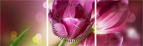 Obraz ružových tulipánov (s hodinami) (90x30 cm)