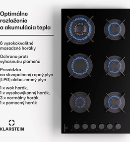 Klarstein Goldflame 6, plynová varná doska, sebestačná, 6 horákov, bočné ovládanie, plyn/propán, sklokeramika, čierna