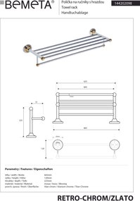 Bemeta Design RETRO gold-chrom: Držiak uterákov, 605 mm, s hrazdou - 144202098
