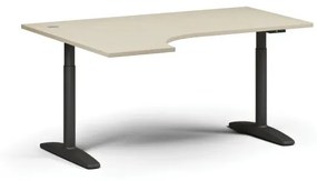 Výškovo nastaviteľný stôl OBOL, elektrický, 675-1325 mm, rohový ľavý, doska 1600x1200 mm, čierna zaoblená podnož, breza